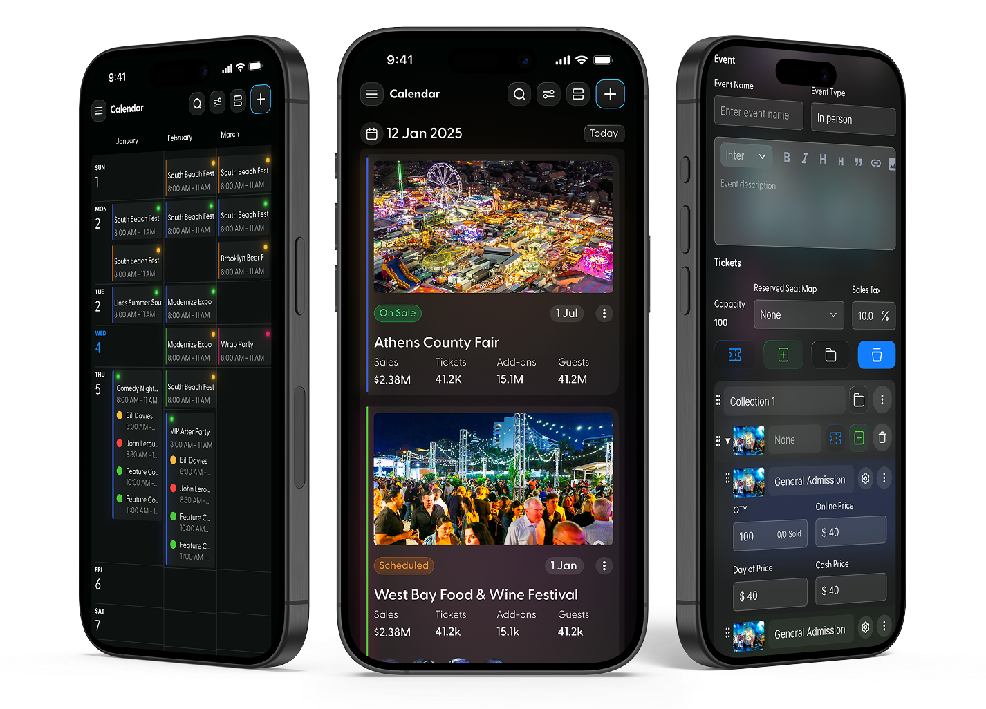 Three phones showing calendar, event dashboard and event editor